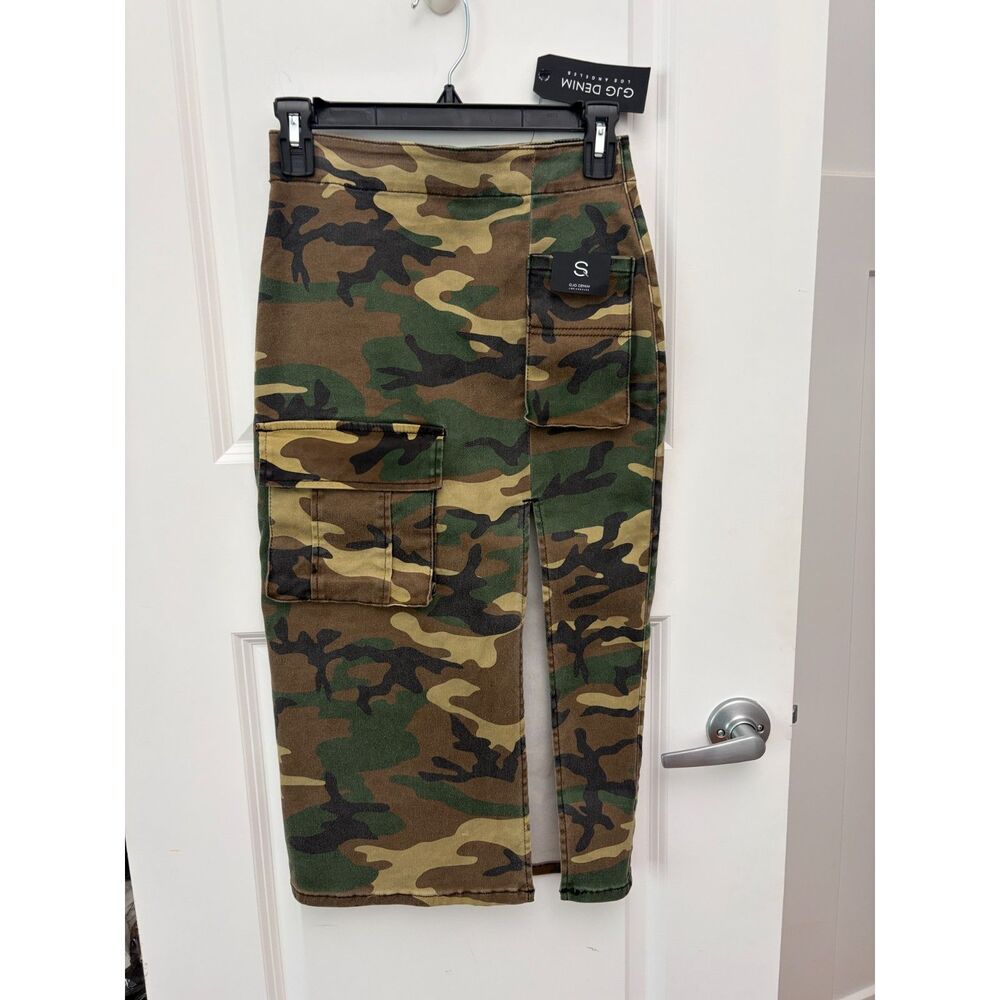 New GJG Denim Camo Cargo Midi Skirt Womens S High Slit Pocket Camouflage Utility
